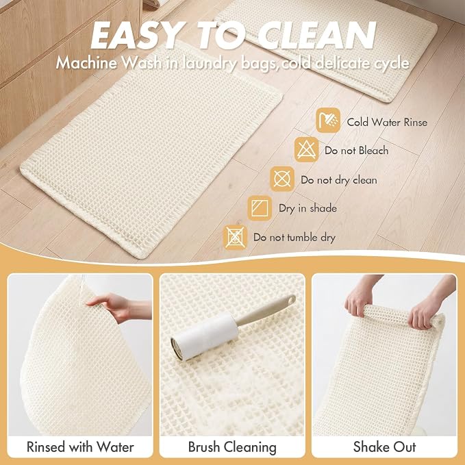 MIULEE Set of 2 Waffle Bathroom Rugs Boho Bath Mat Cream White 17x24 Inch | Non Slip, Super Absorbent, Washable, Ultra Soft, Rubber Backed, Small Bath Rugs for Bathroom Floor Tub Shower