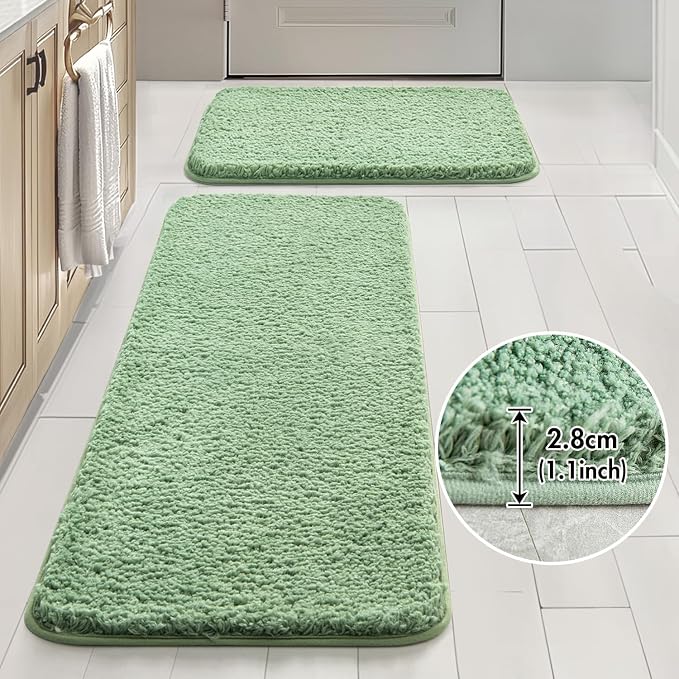 MIULEE Sage Green Bathroom Rugs Set 2 Piece Soft Bath Mats 16x24+16x48 Inch | Soft Absorbent Microfiber Bath Rugs, Non Slip, Quick Dry, Fluffy Bath Rugs for Bathroom Floor Tub Showers, Machine Washable