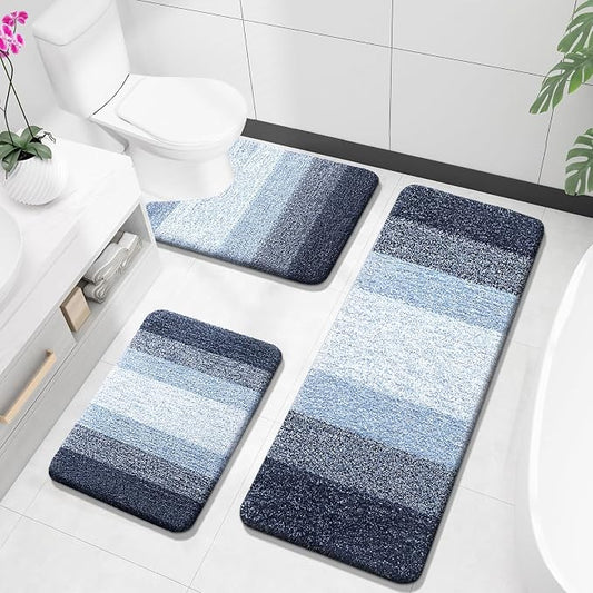 OLANLY Microfiber Bathroom Rugs Sets 3 Piece, 47"x20"+24"x16"+24"x20" | Dark Blue, Soft Absorbent Bath Mats and U-Shaped Contour Toilet Rug, Plush Shaggy Bath Mat Set for Bathroom