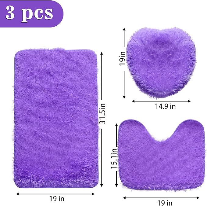 Purple Bathroom Rugs Sets 3Piece Bath Mat Solid Bath Rug Floor Mats Washable Shower Rug with U-Shaped Contour Rug Toilet Lid Cover