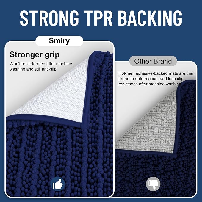 Smiry Bathroom Rugs Sets 2 Piece (47x20+30x20), Extra Soft Bath Mats | Navy Blue Soft Absorbent, Rubber Backing Machine Washable Quick Dry Chenille Bath Rug Set for Tub, Shower, and Floor