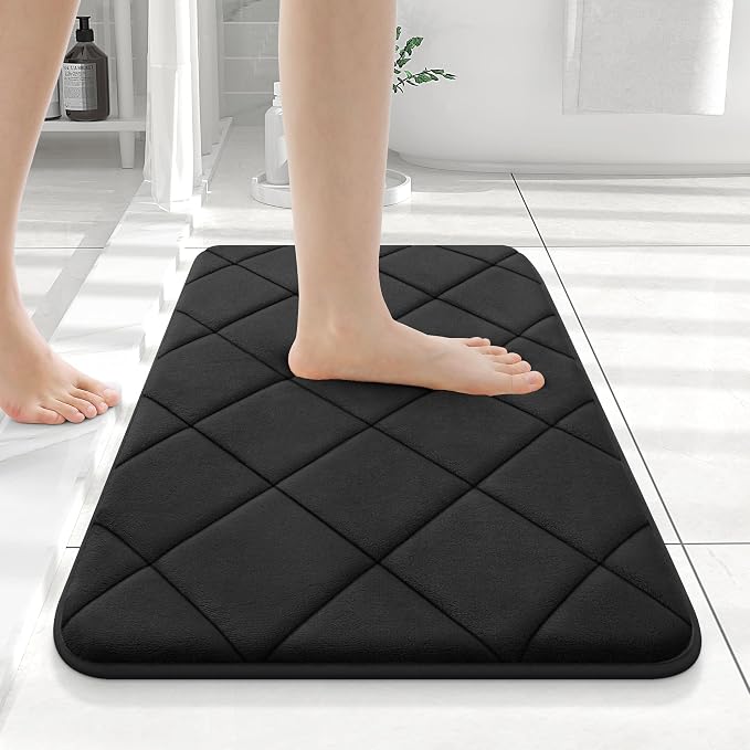 OLANLY Memory Foam Bath Mat 24x16, Ultra Soft and Absorbent Bathroom Rugs | Black, Quick Dry, Machine Washable Shower Bath Rugs, Comfortable Bath Carpet for Bathroom Floor, Tub and Shower