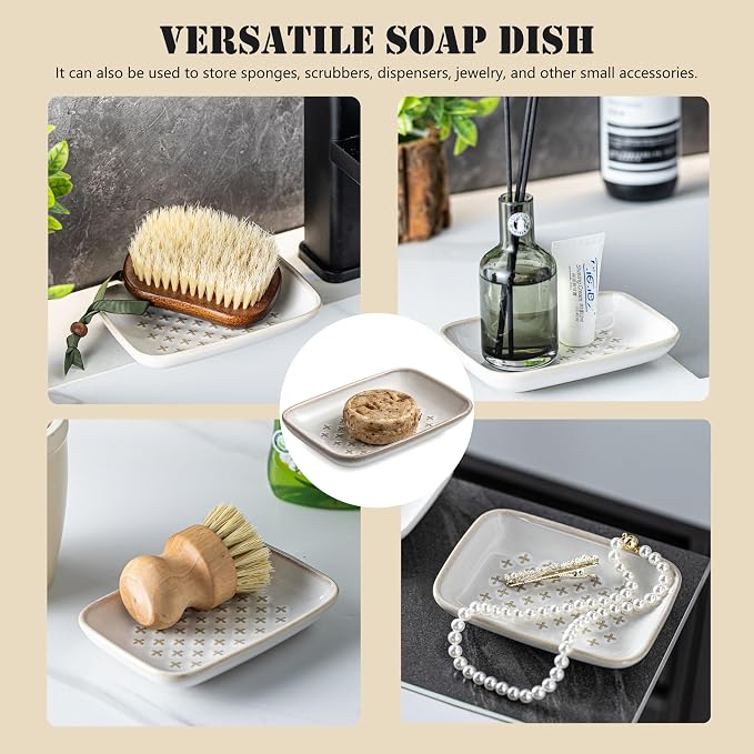 Gomakren Ceramic Soap Dish for Bar Soap 5.5in Cross Soap Saver Tray, Beige | Prevents soggy soap, non-slip bottom, easy to clean, bathroom soap holder, multi-use for sink shower, sponge butter & jewelry