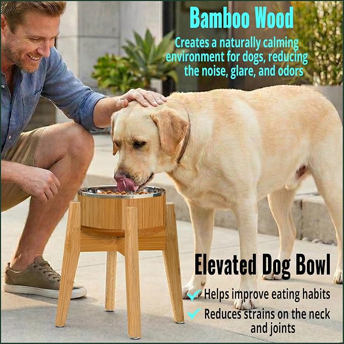 Elevated Dog Bowl for Mid-Large Breed, (12-Inch High, 64-oz) | Raised Food and Water Bowl with Stand, Flip-Resistant - Real Bamboo and Stainless Steel