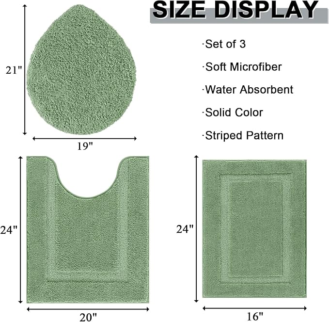 SHACOS Microfiber Bathroom Rugs Set of 3 with Toilet Lid Cover Non Slip | Washable Bath Mat Absorbent Bathroom Carpet 16"x24"+U Shape Toilet Rug 20"x24"+Toilet Lid Cover 19"x21", Sage Green