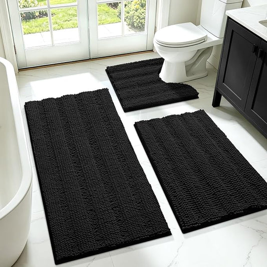 ACCUMTEK Striped Black Bathroom Rug Set 3 Pieces Ultra Soft, Non Slip Chenille Toilet Mat, Absorbent Plush Shaggy Bath Mats for Bathroom, Bedroom, Kitchen