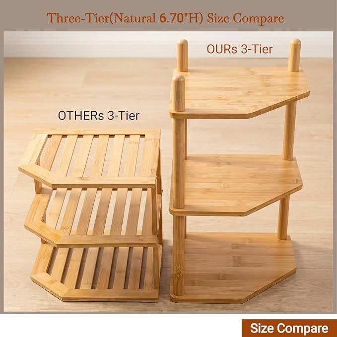 3-Tier Expandable Bamboo Corner Shelf - Dish/Plate Organizer for Cabinet, Kitchen Counter Shelf & Small Kitchen Shelf, Adjustable (Natural, 1-Pc 6.70" H)
