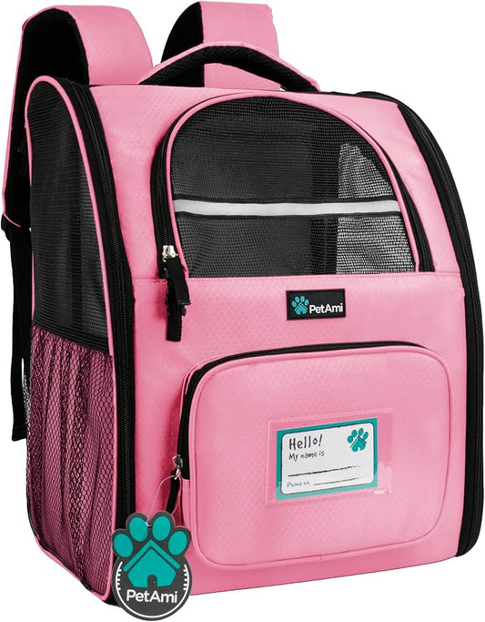 PetAmi Dog Backpack Carrier Airline Approved Cat Pet Puppy Bag, Pink | Ideal for Small Medium Large Pet up to 18 lb, 2 Side Entry Structured No-Collapse Frame, Ventilated Bookbag for Hiking Travel