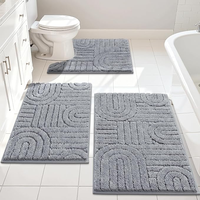 Vaukki Light Grey Bathroom Rugs Sets 3 Piece, 32x20+26x18+24x20 Inch | Washable Non Slip Soft Bath Mats for Shower and Tub, Plush Absorbent Microfiber Toilet Rug U Shaped