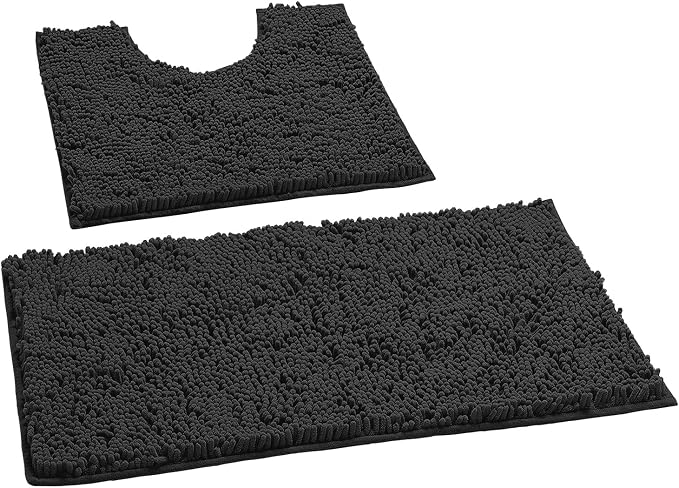 LuxUrux Bathroom Rugs Sets 2 Piece: Quick Dry, Soft Plush Anti-Slip, Super Absorbent. Includes Rectangular (31x20 inches) & U-Shaped Toilet Mat (20x20 inches) | Black