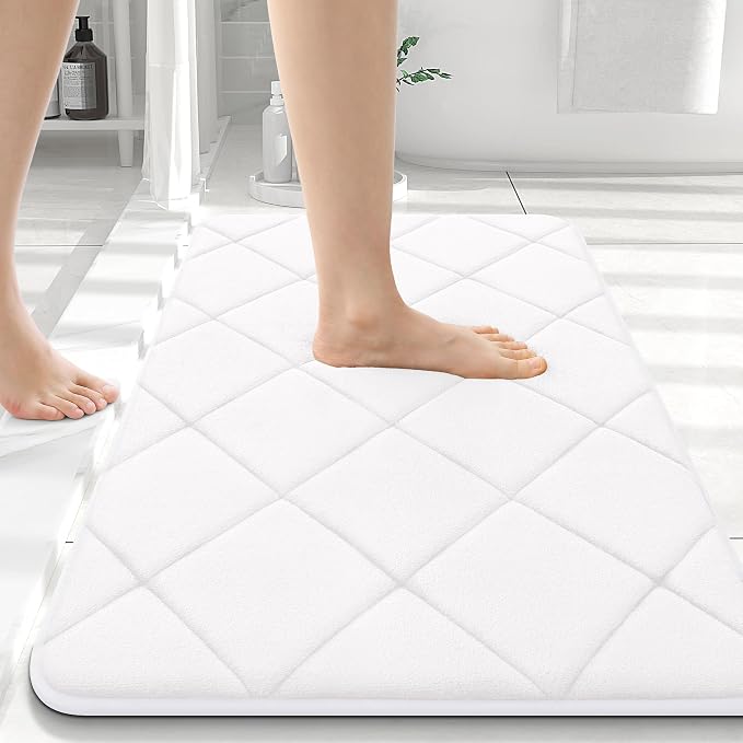 OLANLY Memory Foam Bath Mat 36x24, Ultra Soft and Absorbent Bathroom Rugs | White, Quick Dry, Machine Washable Shower Bath Rugs, Comfortable Bath Carpet for Bathroom Floor, Tub and Shower