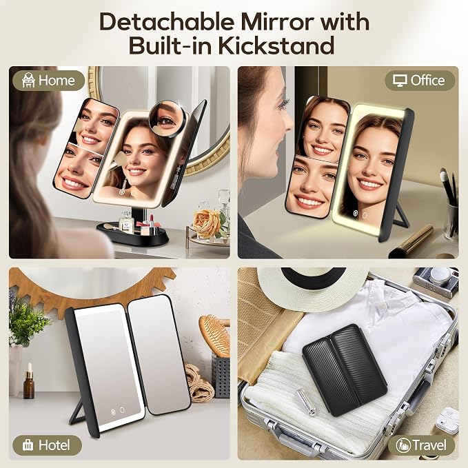 GOMIPURU Makeup Mirror with Lights and 30X/10X/5X Magnification, Vanity Mirror with 3 Color Lights, Rechargeable, Detachable, Lighted Makeup Mirror with Magnification, Trifold Mirror, Gifts, Black