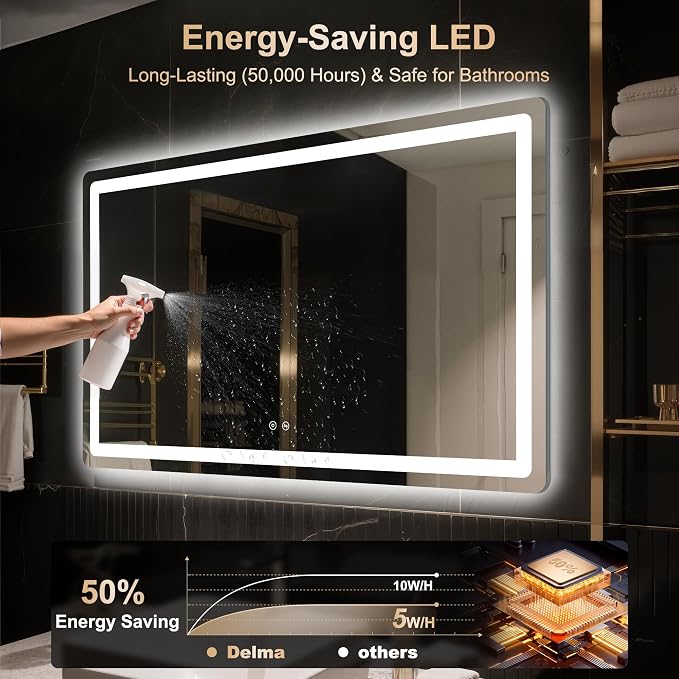 Delma 30x50 LED Bathroom Vanity Mirror with Lights, Anti-Fog, Dimmable | Front & Backlit with 3 Color Modes and Memory, 5mm Shatterproof Glass, Plug-in or Hardwired, Horizontal or Vertical