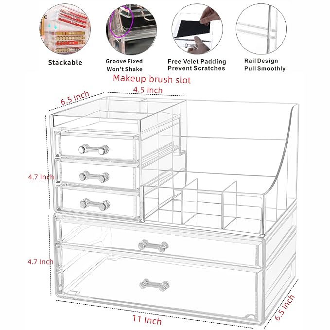 Cq acrylic 2 Pack Clear Make Up Organizers for Vanity,Stackable 5 Drawers Make Up Organizer,Cute Desk Organizer for Vanity Jewelry,Hair Clip,Beauty,Skincare Product Dresser Acrylic Drawer Organizer