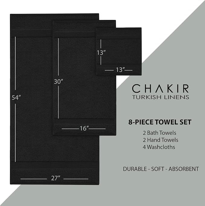Chakir Turkish Linens 100% Cotton 8-Piece Towel Set, Black | 100% cotton 8-pc set, OEKO-TEX certified: 2 bath 27x54, 2 hand 16x30, 4 washcloths 13x13