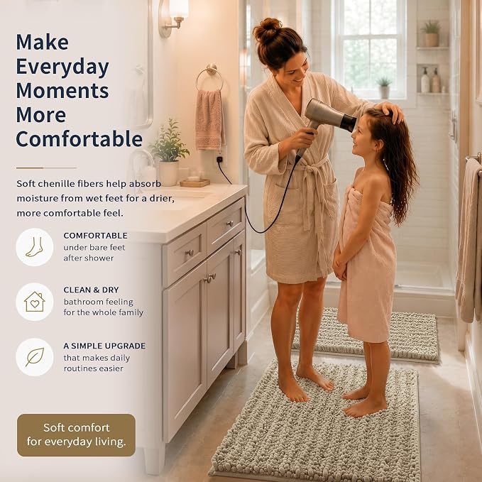 Yimobra Bathroom Rug Set 3 Piece, Super Water Absorbent Bath Mat Set, Camel | Quick Dry Soft Chenille Bath Rugs & Toilet Rug, Non Slip Machine Washable, Extra Thick Shaggy Floor Mat for Shower Tub Sink