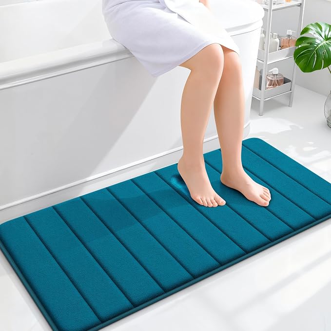 OLANLY Memory Foam Long Bathroom Rugs Runner 44x20, Super Soft Absorbent | Peacock Blue, Quick Dry Bath Mat, Machine Washable Shower Floor Rugs, Bathmat Carpet for Bathroom Floor, Tub and Shower