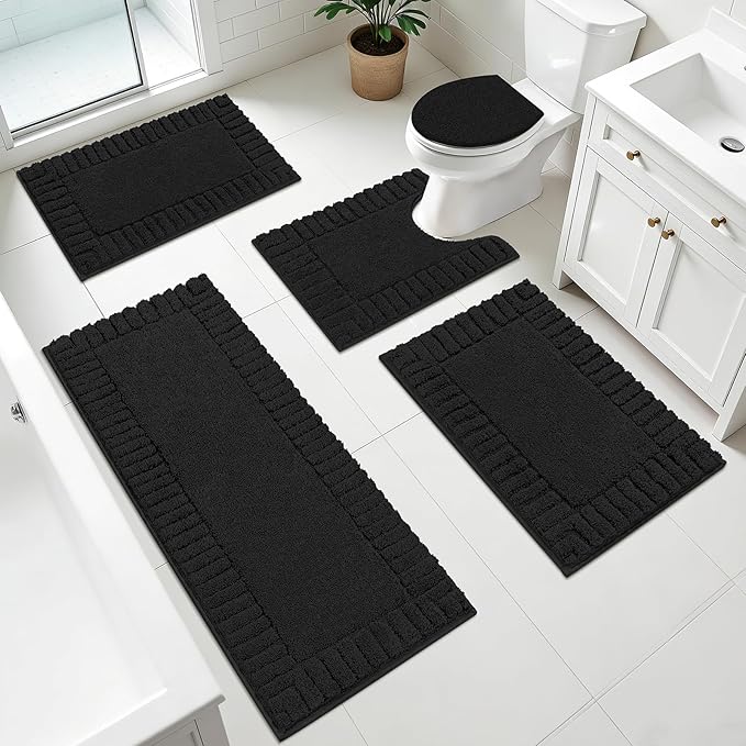 Pauwer Bathroom Rugs Set 5 Piece, Microfiber Bath Mat Set, Black | Non Slip Washable Bath Mat with U Shaped Toilet Rug, Plush Absorbent Shower Rug, Toilet Lid Cover, Quick Dry Floor Carpet