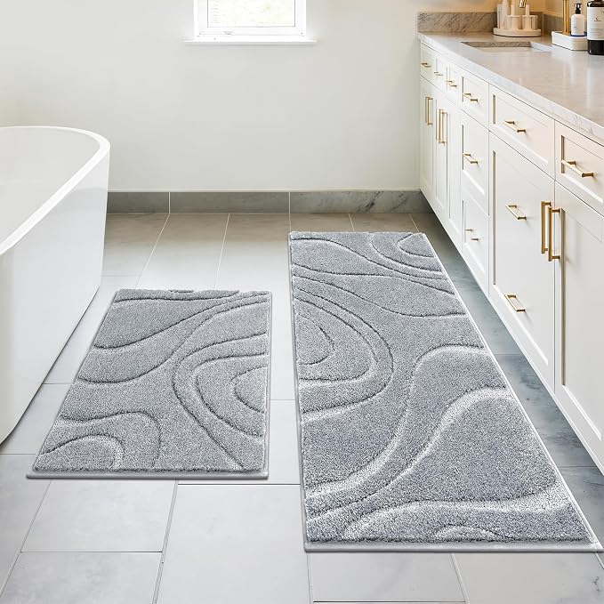 HEBE Bathroom Rugs Sets 2 Piece, Non Slip Washable Absorbent Bath Mat Set | Super Soft Plush Microfiber Bathroom Mats with Runner Set, Solid Bathmat for Floor, Bath Rug for Tub, Shower, Vanity