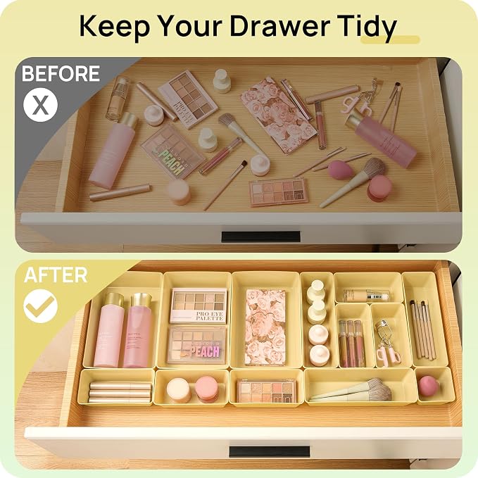 Vtopmart 25 PCS Plastic Drawer Organizers Set, 4-Size Versatile Bathroom and Vanity Drawer Organizer Trays, Storage Bins for Makeup, Bedroom, Kitchen Gadgets Utensils and Office