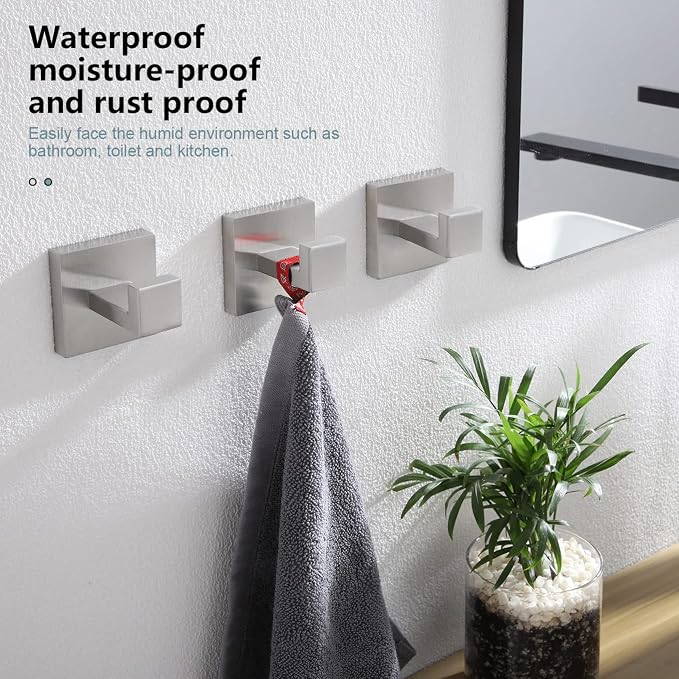 KOKOSIRI Bath Towel Hook Wall Mount Square Robe Hook Coat Hook Bathroom Kitchen Garage Heavy Duty SUS 304 Stainless Steel 3 Pack Brushed Nickel B1010BR-P3