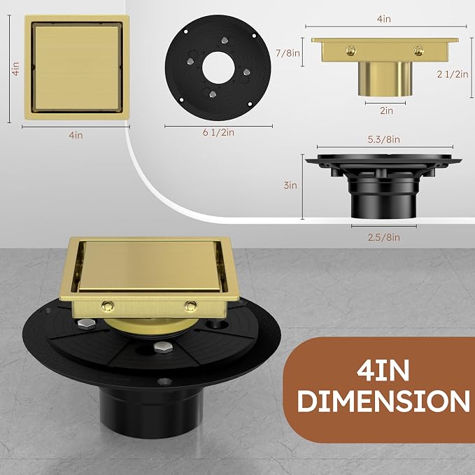 4 Inch Gold Square Shower Drain Kit with Flange,Modern Floor Drain with 2-in-1 Cover Tiled Insert Grate,Stainless Steel SUS 304