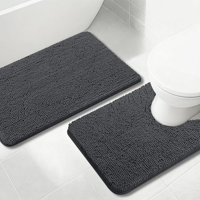 Bathroom Rug Sets 2 Piece, Extra Thick and Absorbent, Non-Slip, Machine Washable, Dry Quckily, Soft Cozy Plush, Used Under Shower Bathtub and Sink, Dark Grey