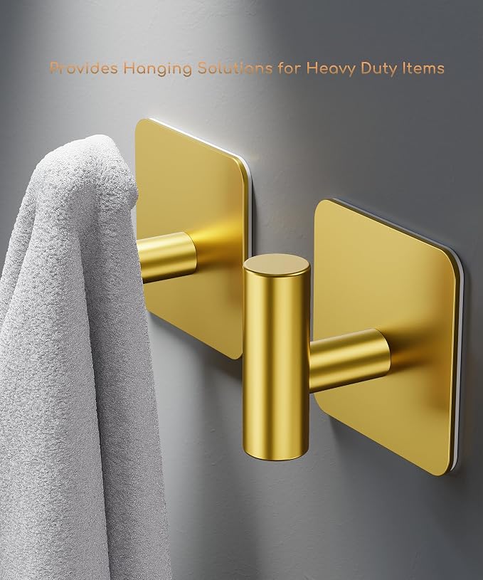 Aikzik 4 Pack Large Heavy Duty Wall Hooks - 26lb Max, Stainless Steel Adhesive Towel Hook, Shower Hooks for Hanging Towel, Coat, Robe, Wall Hook for Use in Bathroom, Kitchen and Door, Gold
