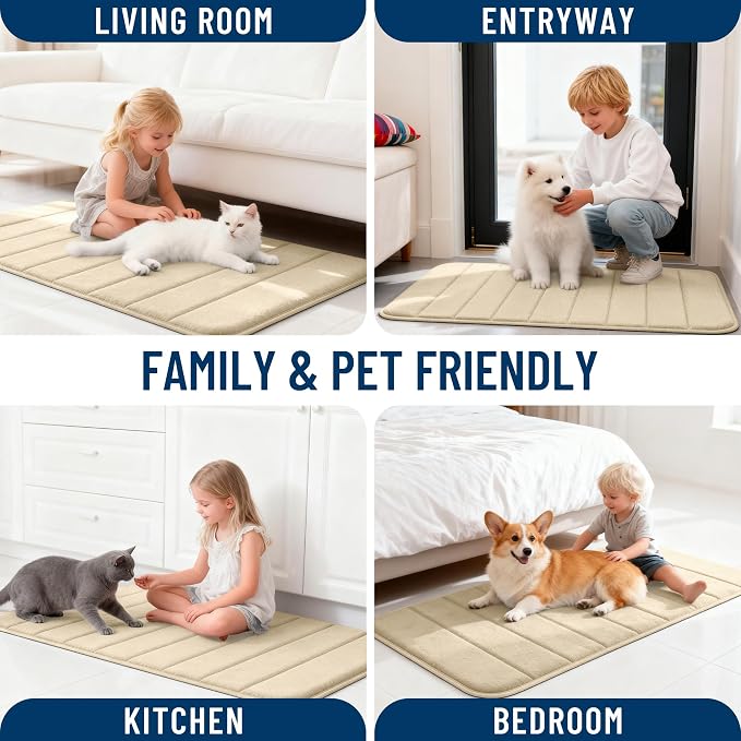 OLANLY Memory Foam Long Bathroom Rugs Runner 47x17, Super Soft Absorbent | Beige, Quick Dry Bath Mat, Machine Washable Shower Floor Rugs, Bathmat Carpet for Bathroom Floor, Tub and Shower
