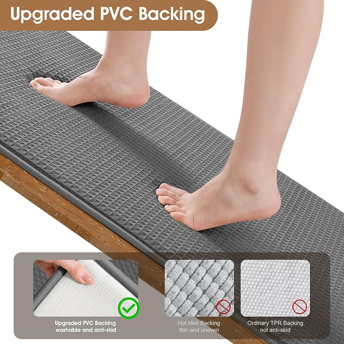Memory Foam Bath Mat, Ultra Soft Absorbent Waffle Bathroom Rugs, Super Non-Slip PVC Backing Bath Rug Quick Dry, Machine Washable Rug for Tub, Shower, Home Decor Accessory, 24" x 17", Dark Gray
