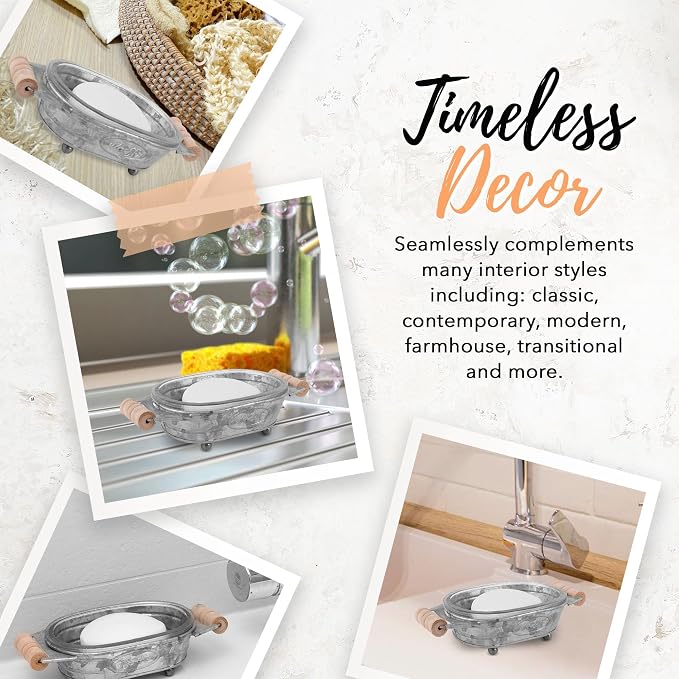 Autumn Alley Galvanized Farmhouse Soap Dish for Bathroom – Fun Kitchen Soap Tray – Farmhouse Bathroom Accessories – Rustic Soap Dish – Wooden Handles Add Vintage Appeal – Cute Bathtub Decor