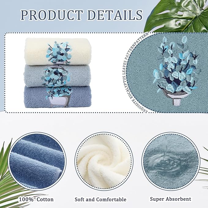 3 Pcs Blue Eucalyptus Leaves Hand Towels Botanical Bathroom Decor | Embroidered Eucalyptus Design, 100% Cotton, Farmhouse Bathroom Kitchen Decor, Absorbent Towels, Holiday Housewarming Gifts