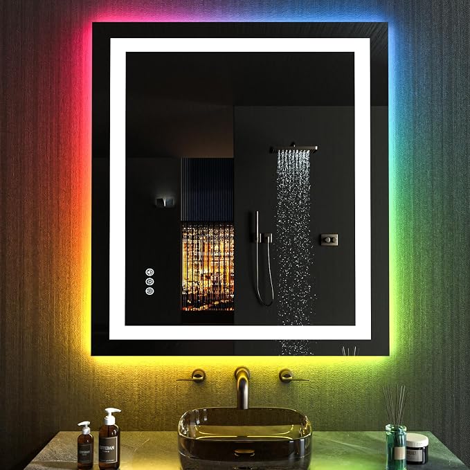 LOAAO 32"X36" RGB LED Bathroom Mirror with Lights, UL Listed | Anti-Fog, Dimmable, RGB Backlit + Front Lighted, Memory Function, Tempered Glass