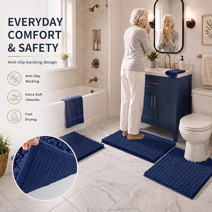 Yimobra Bathroom Rug Set 3 Piece, Super Absorbent Bath Mat Set, Navy Blue | Quick Dry Soft Chenille Bath Rugs & Toilet Rug, Non Slip Machine Washable, Extra Thick Shaggy Floor Mat for Shower Tub Sink