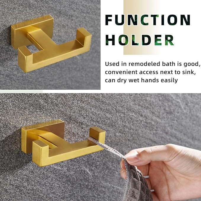 APLusee Double Robe Towel Hook Brushed Dark Gold, 304 Stainless Steel Bathroom Hand Towel Holder, Clothes Wall Hanger for Toilet Kitchen Cabinet