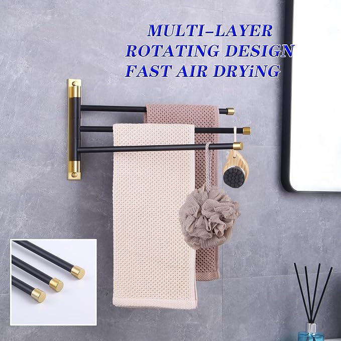 GERZWY SUS 304 Stainless Steel Bathroom Hand Towel Rack 3-Bar Folding Arm Swivel Hanger Bath Towel Holder Swing Out Towel Bar Wall Mount (Black & Gold) HYG03-BD