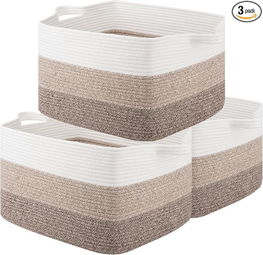OIAHOMY Rectangle Woven Storage Basket - Nursery Cotton Rope Baskets for Storage, Toy Basket Organizing for Living Room, 17.7"x13.8"x11"- Pack of 3 - Gradient Yellow