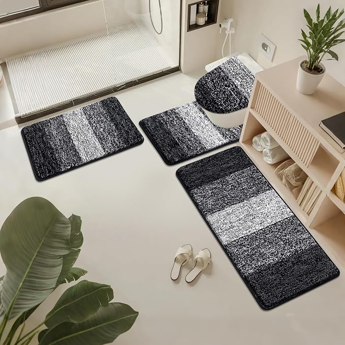 Bsmathom Bathroom Rug Set 4 Piece, Plush Microfiber Bath Mat, Black | Extra Water Absorbent, Non Slip Washable Runner Bath Rugs with Toilet Lid Cover and U-shaped Contour Toilet Mat