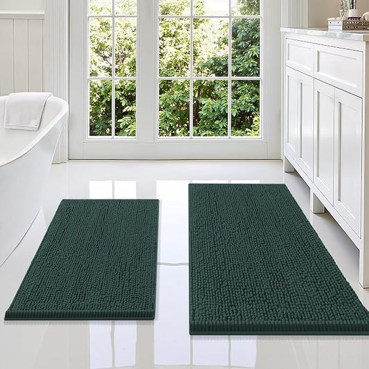 Smiry Chenille Bathroom Rugs Sets 2 Piece (36x24+30x20, Green) | Soft Absorbent Machine Washable Non Slip Shaggy Bath Rug Set for Tub, Shower, and Floor, Home Decor