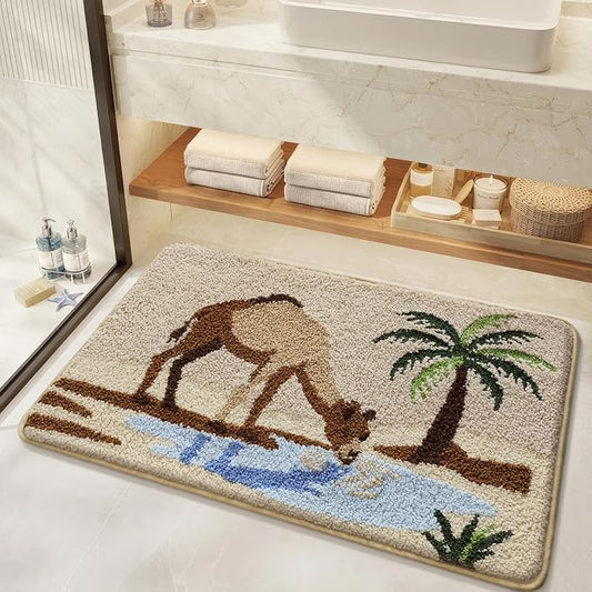 Bathroom Rug Mat, Desert Oasis Sunset Fluffy Rug with Camel & Palm Tree, Ultra Absorbent Microfiber Shaggy Door Mat, Quick Dry Bath Rug Carpet for Toilet Bathtub Bedroom 20x31 Inch