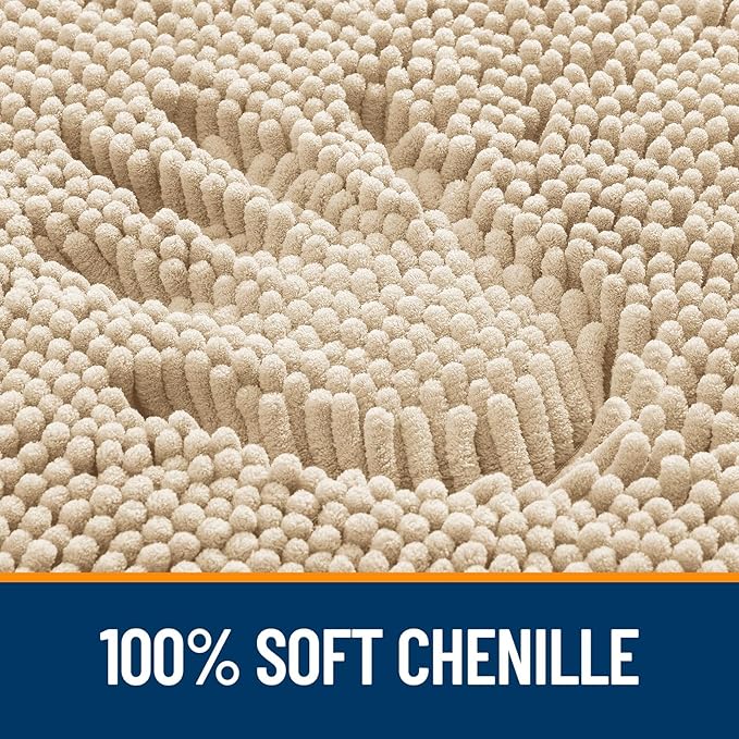 OLANLY Chenille Bathroom Rugs Mats Sets 2 Piece, 47"x20"+24"x20", Beige | Soft Absorbent Bath Mat and U-Shaped Contour Toilet Rug Set, Quick Dry, Machine Washable Bath Carpet, Home Decor Accessories