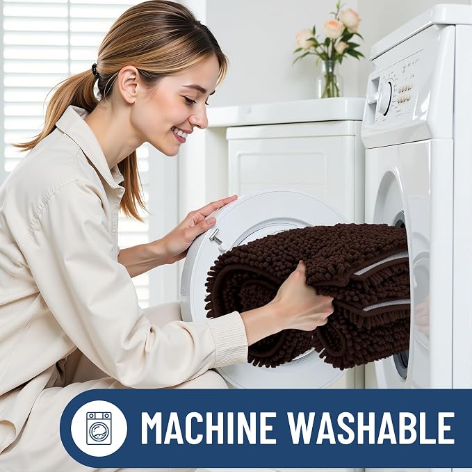 Smiry Chenille Bathroom Rugs Sets 2 Piece (24x16+ U Shape 24x20, Brown) | Soft Absorbent Machine Washable Non Slip Shaggy Bath Rug Set for Tub, Shower, and Floor, Home Decor