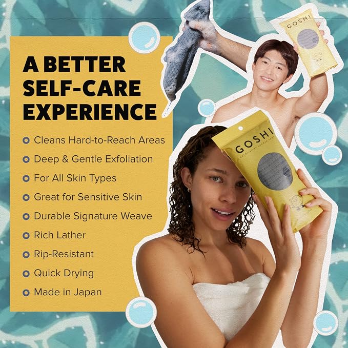 GOSHI Exfoliating Shower Towel - Long Body Scrubber, Grey | rip-resistant, rapid-drying, exfoliating long washcloth for all skin types to eliminate back acne and maintain smooth skin