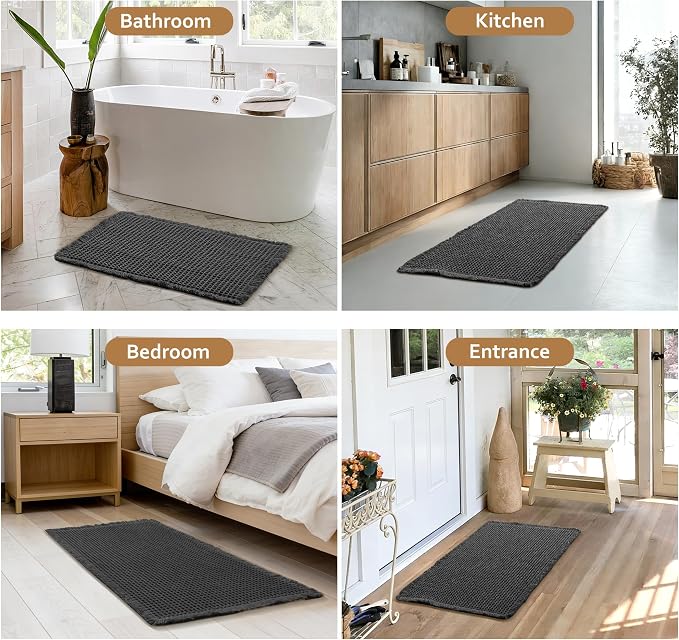 JIUZHEN Set of 2 Waffle Bath Mats Boho Bath Rugs 16"x24"+18"x30", Black | Non Slip, Super Absorbent, Washable, Ultra Soft, Fast Drying Waffle Bathroom Rugs for Bathroom Floor, Tub, Shower
