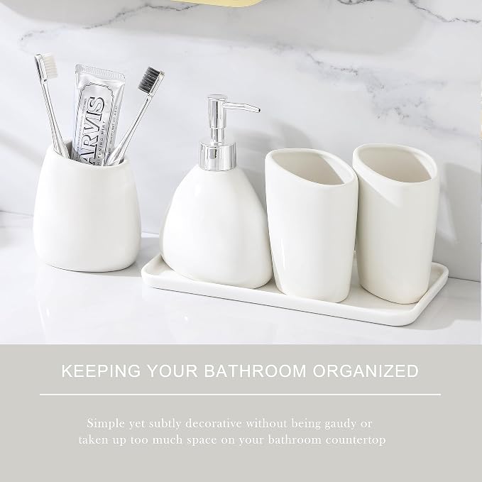 Ceramic Bathroom Accessory Set with Ceramic Tray, 6 Pieces Bathroom Countertop Accessory Set, Include Soap Dispenser, Toothbrush Holder, 2 Tumbler, Soap Dish, Vanity Tray,White