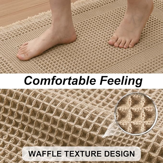 JIUZHEN Waffle Bath Mat Super Absorbent Non Slip Waffle Bath Mats Machine Washable Bathroom Shower Rugs Ultra Soft Boho Bath Rugs for Bathroom, 16" x 24", Loop-Brown