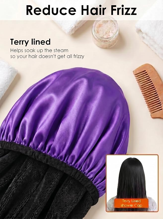 Aquior Shower Cap,Extra Large Triple Layer Bathing Cap with Dry Hair Function for Women Microfiber Terry Cloth Silky Satin 100% Waterproof Reusable Long Hair Bath Caps (Purple)