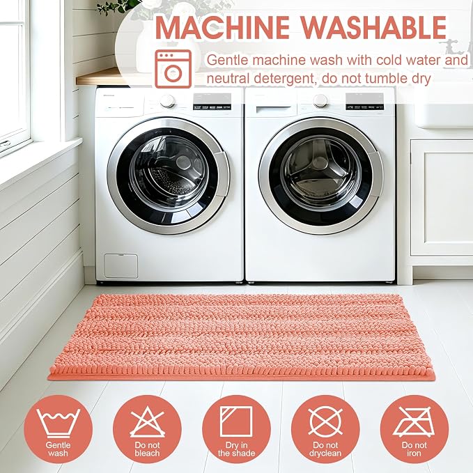 ACCUMTEK Striped Coral Bathroom Rug Mat Set 2 piece 24"x17"+48"x20" Ultra Soft, Non Slip Chenille Bath Rugs, Absorbent Plush Shaggy Bath Mats for Bathroom, Bedroom, Kitchen, Shower, Tub