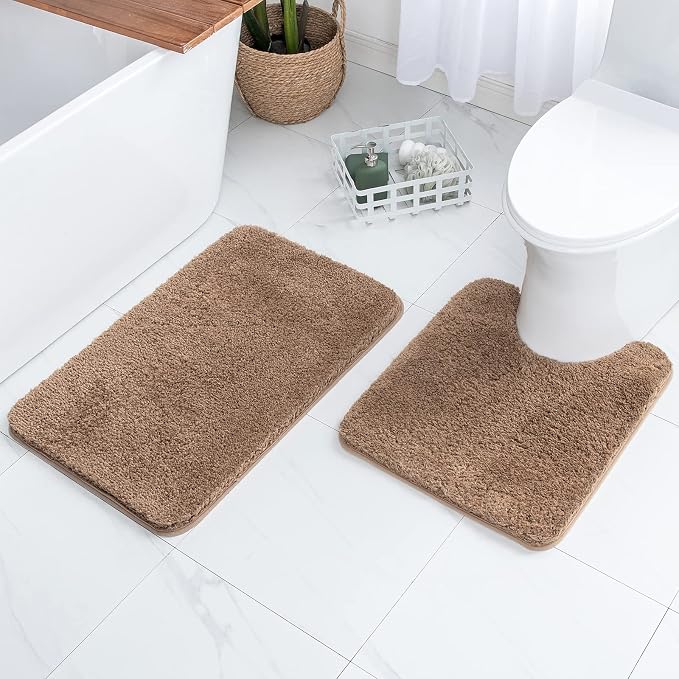 MIULEE Light Brown Bathroom Rugs Set 2 Piece Soft Bath Mats 20x24+20x30 in | Absorbent Microfiber Bath Mat and U-Shaped Toilet Rug, Non Slip, Quick Dry, for Bathroom Floor Tub Showers, Machine Washable