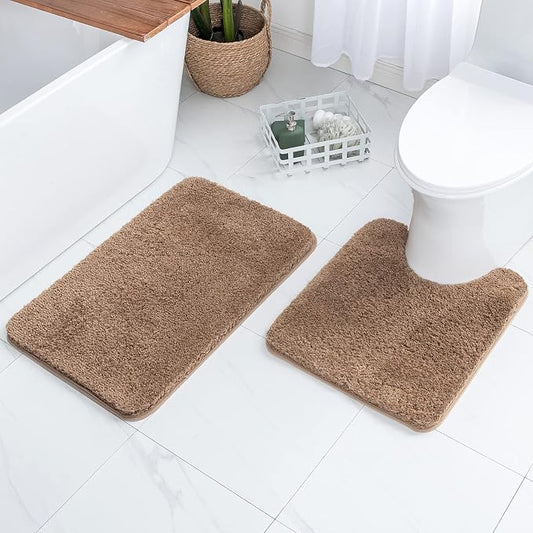 MIULEE Light Brown Bathroom Rugs Set 2 Piece Soft Bath Mats 20x24+20x30 in | Absorbent Microfiber Bath Mat and U-Shaped Toilet Rug, Non Slip, Quick Dry, for Bathroom Floor Tub Showers, Machine Washable